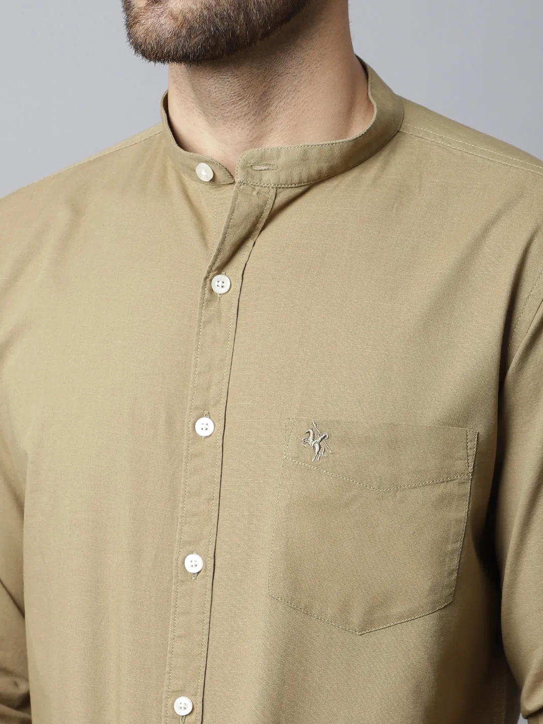 Men's Khaki Casual Plain Full Sleeve Shirt