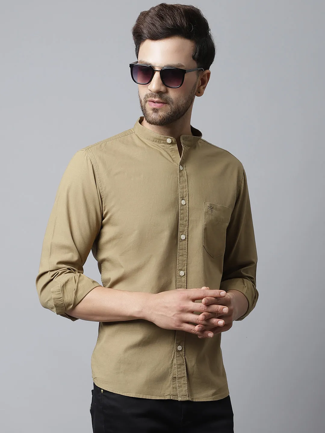 Men's Khaki Casual Plain Full Sleeve Shirt