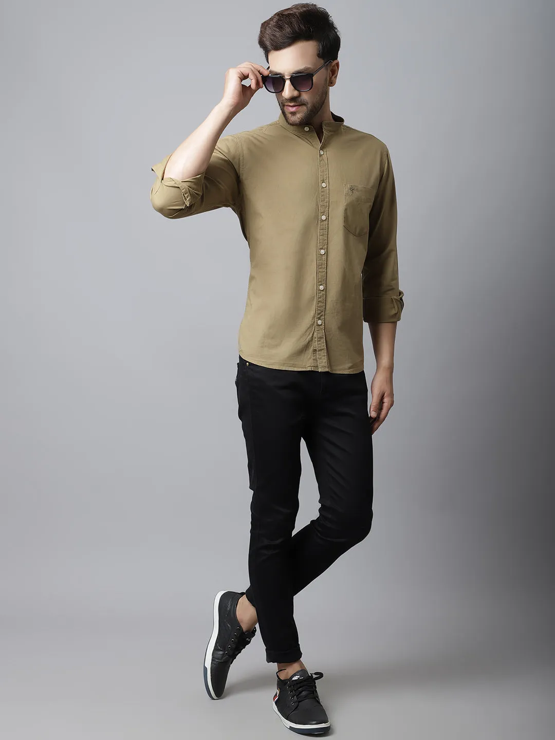 Men's Khaki Casual Plain Full Sleeve Shirt