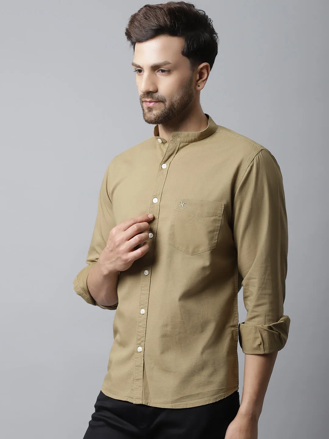 Men's Khaki Casual Plain Full Sleeve Shirt