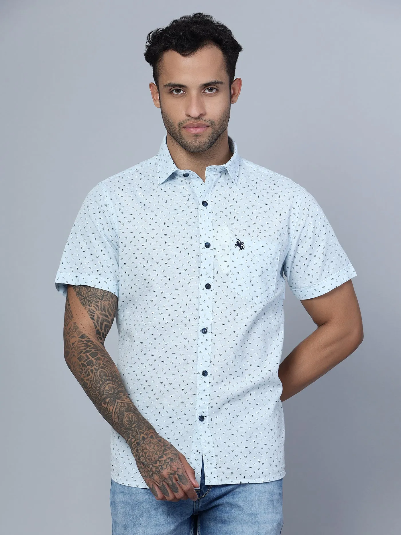 Men's Light Blue Casual Floral Ditsy Print Half Sleeve Shirt