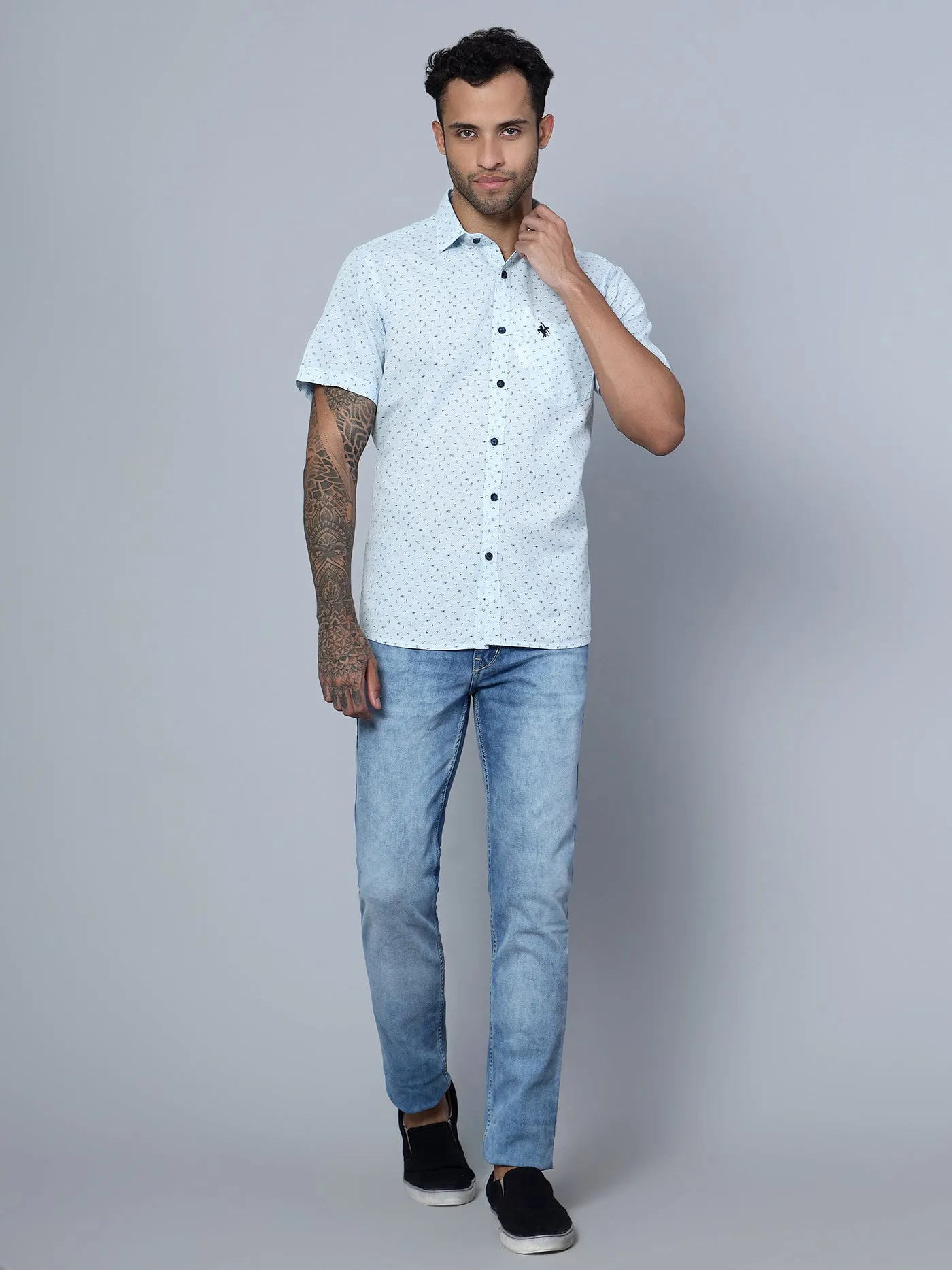 Men's Light Blue Casual Floral Ditsy Print Half Sleeve Shirt