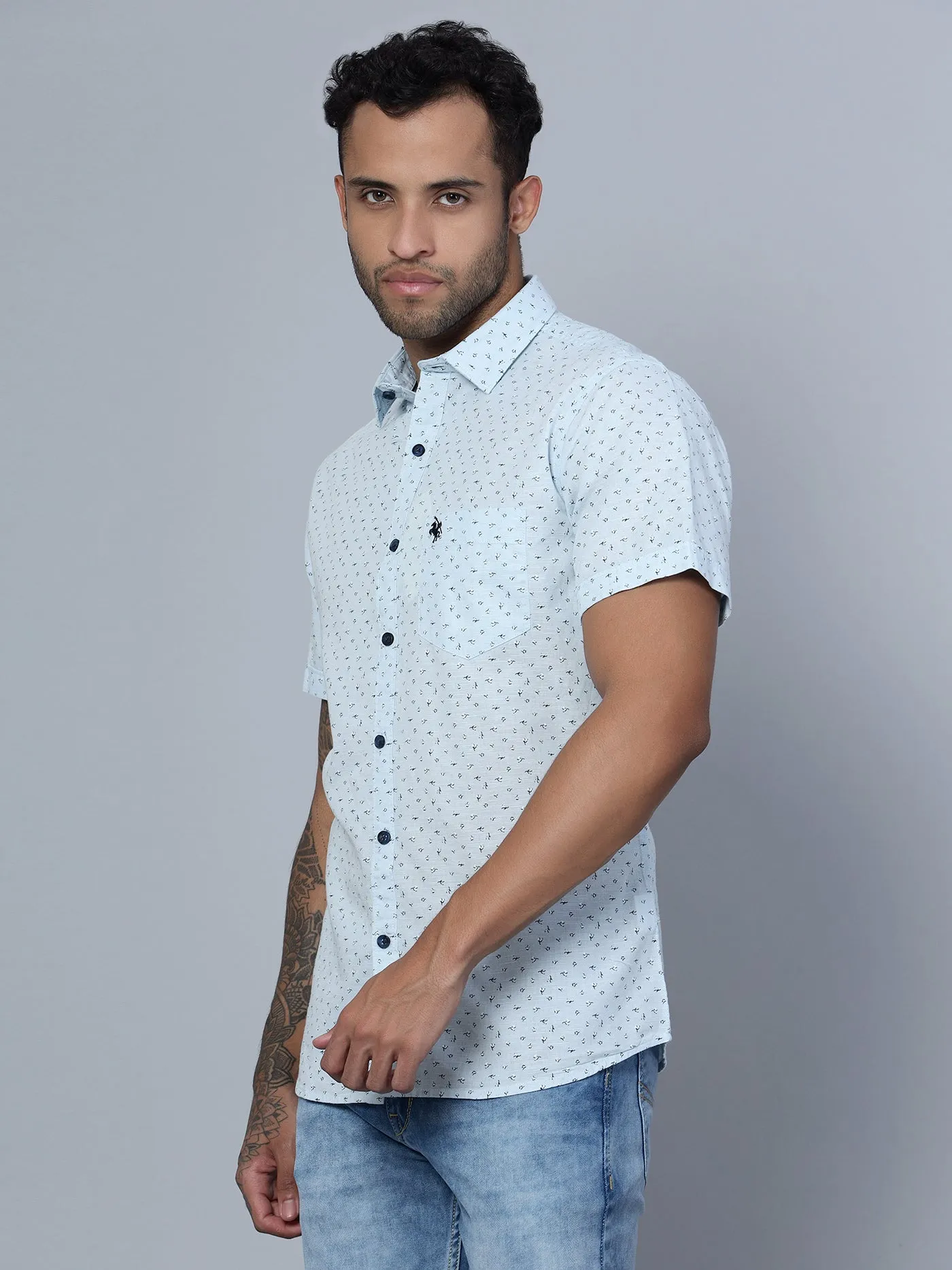 Men's Light Blue Casual Floral Ditsy Print Half Sleeve Shirt