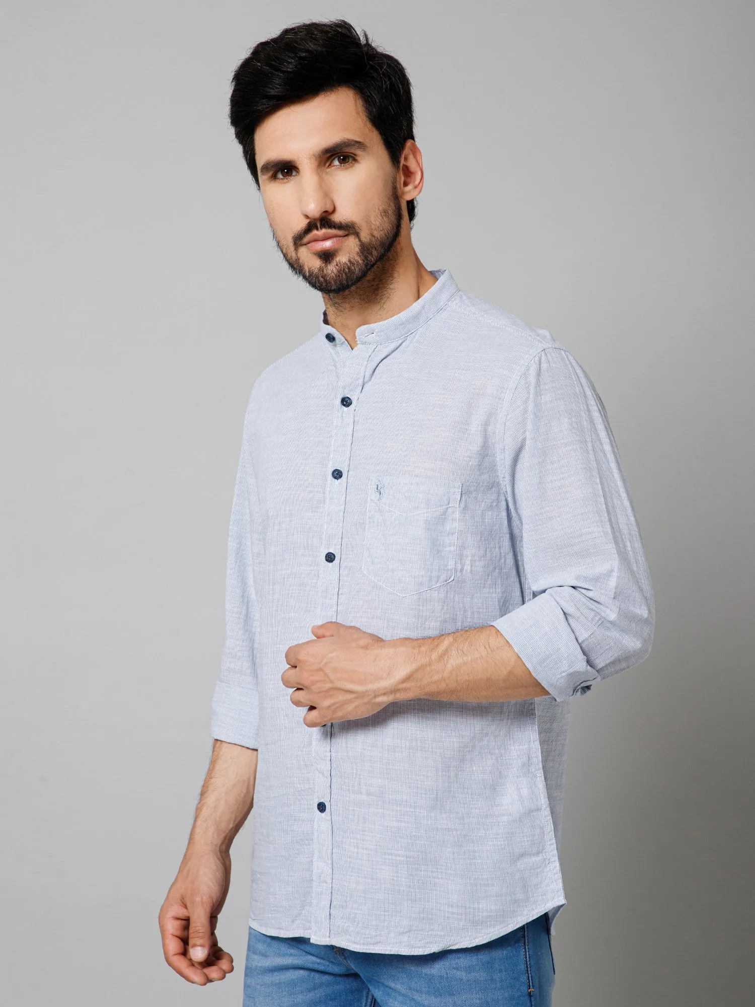 Men's Light Blue Casual Pin Stripe Full Sleeve Shirt