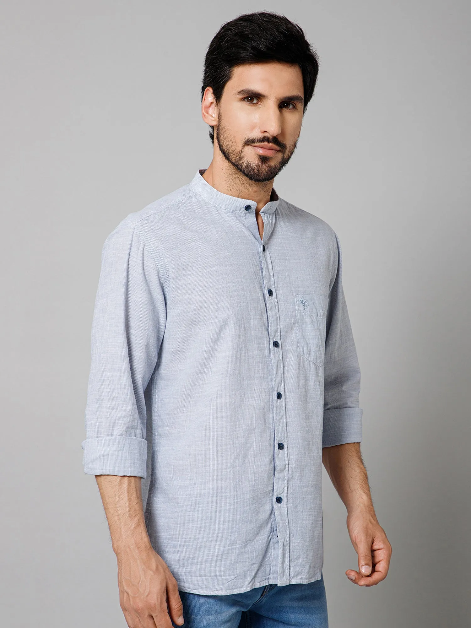 Men's Light Blue Casual Pin Stripe Full Sleeve Shirt