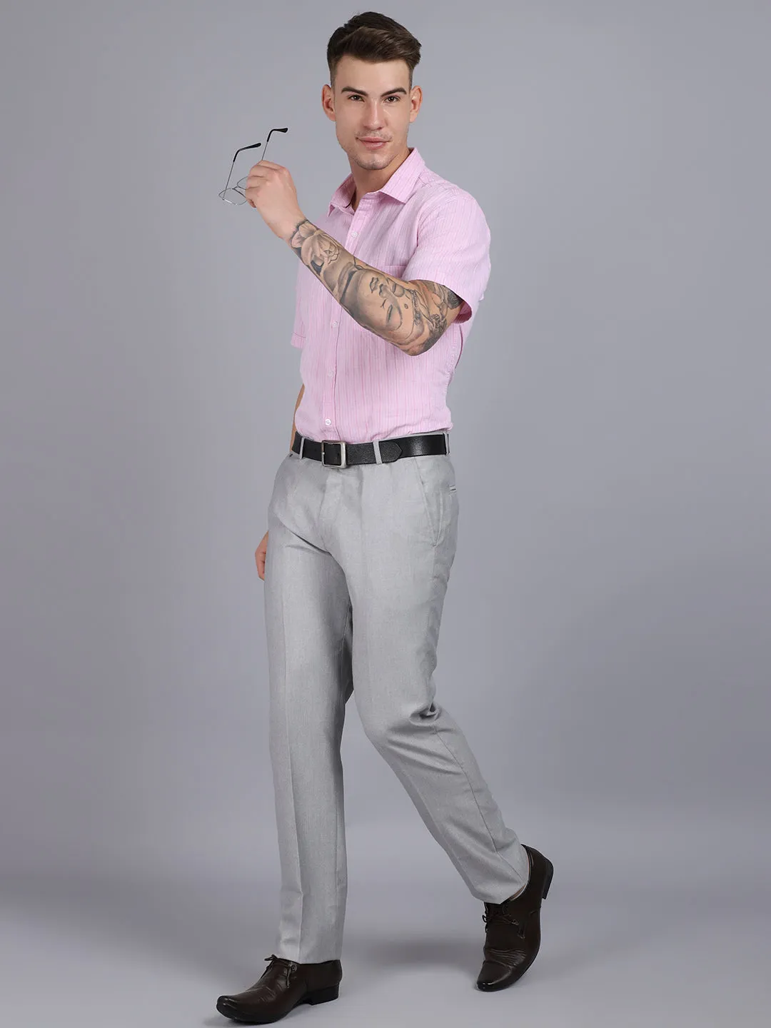 Men's Light Pink Casual Thin Stripe Half Sleeve Shirt