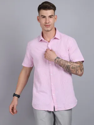 Men's Light Pink Casual Thin Stripe Half Sleeve Shirt