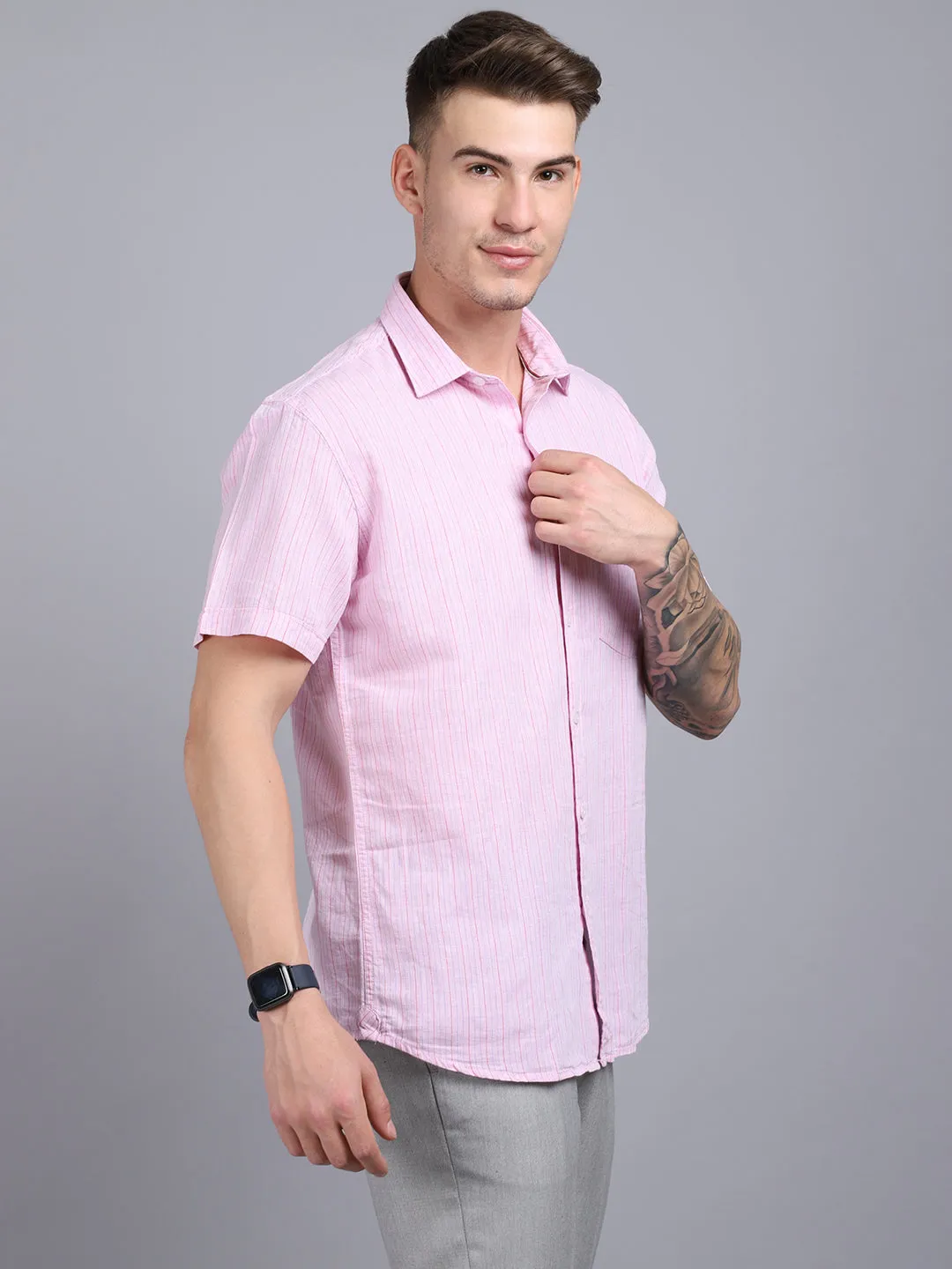 Men's Light Pink Casual Thin Stripe Half Sleeve Shirt