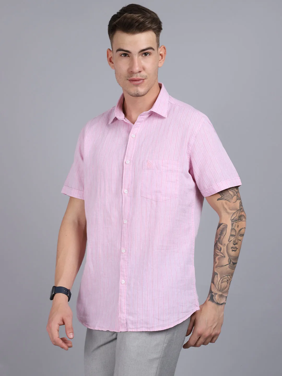 Men's Light Pink Casual Thin Stripe Half Sleeve Shirt