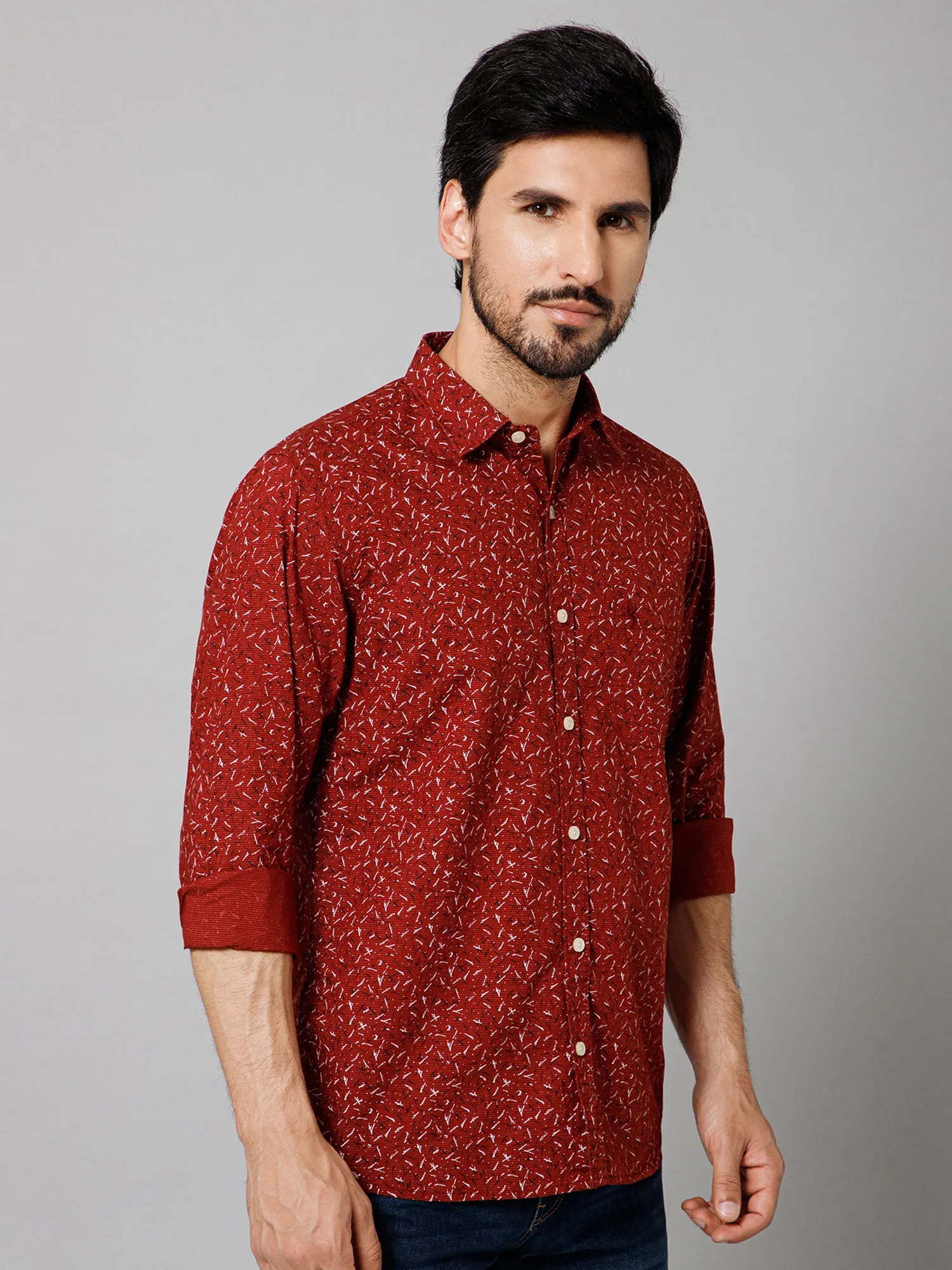 Men's Maroon Casual Abstract Ditsy Print Full Sleeve Shirt