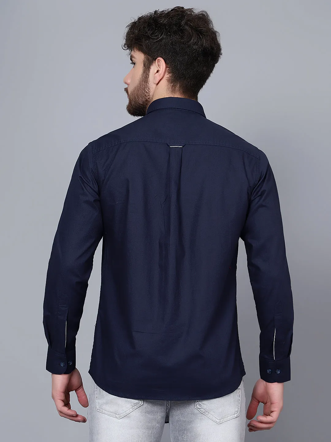 Men's Navy Blue Casual Self Textured Full Sleeve Shirt