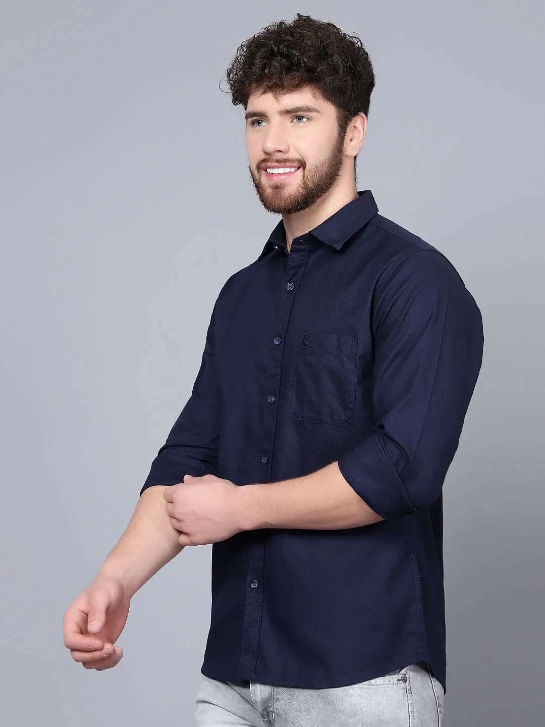 Men's Navy Blue Casual Self Textured Full Sleeve Shirt