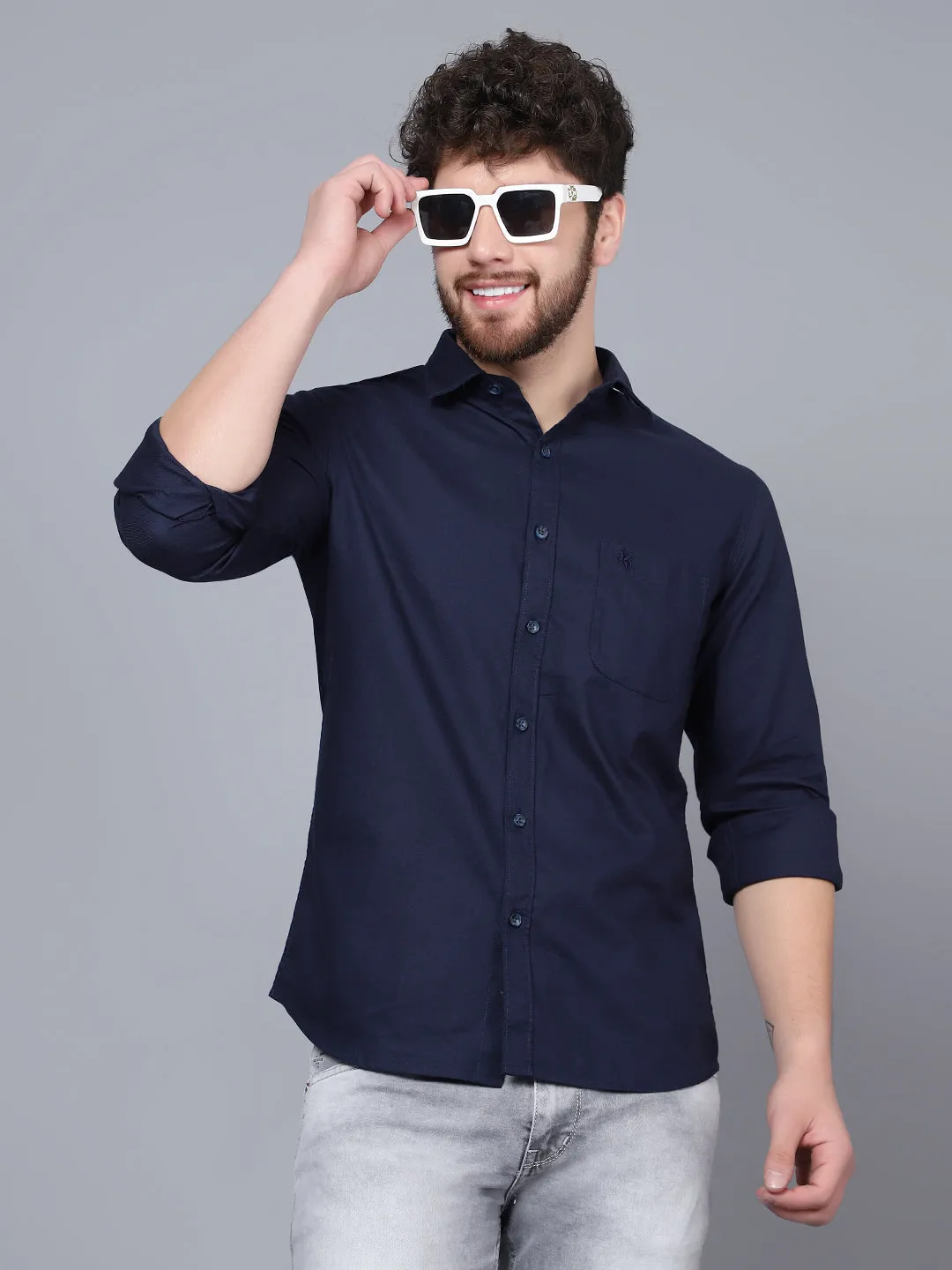 Men's Navy Blue Casual Self Textured Full Sleeve Shirt