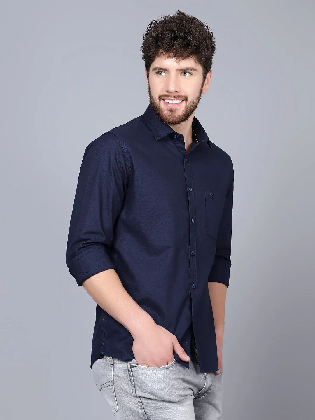 Men's Navy Blue Casual Self Textured Full Sleeve Shirt