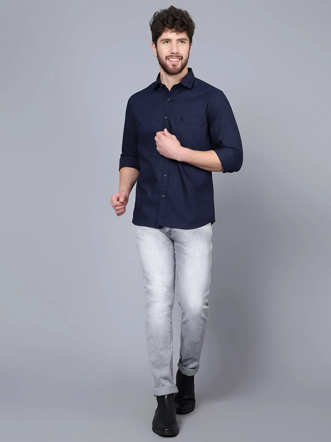 Men's Navy Blue Casual Self Textured Full Sleeve Shirt