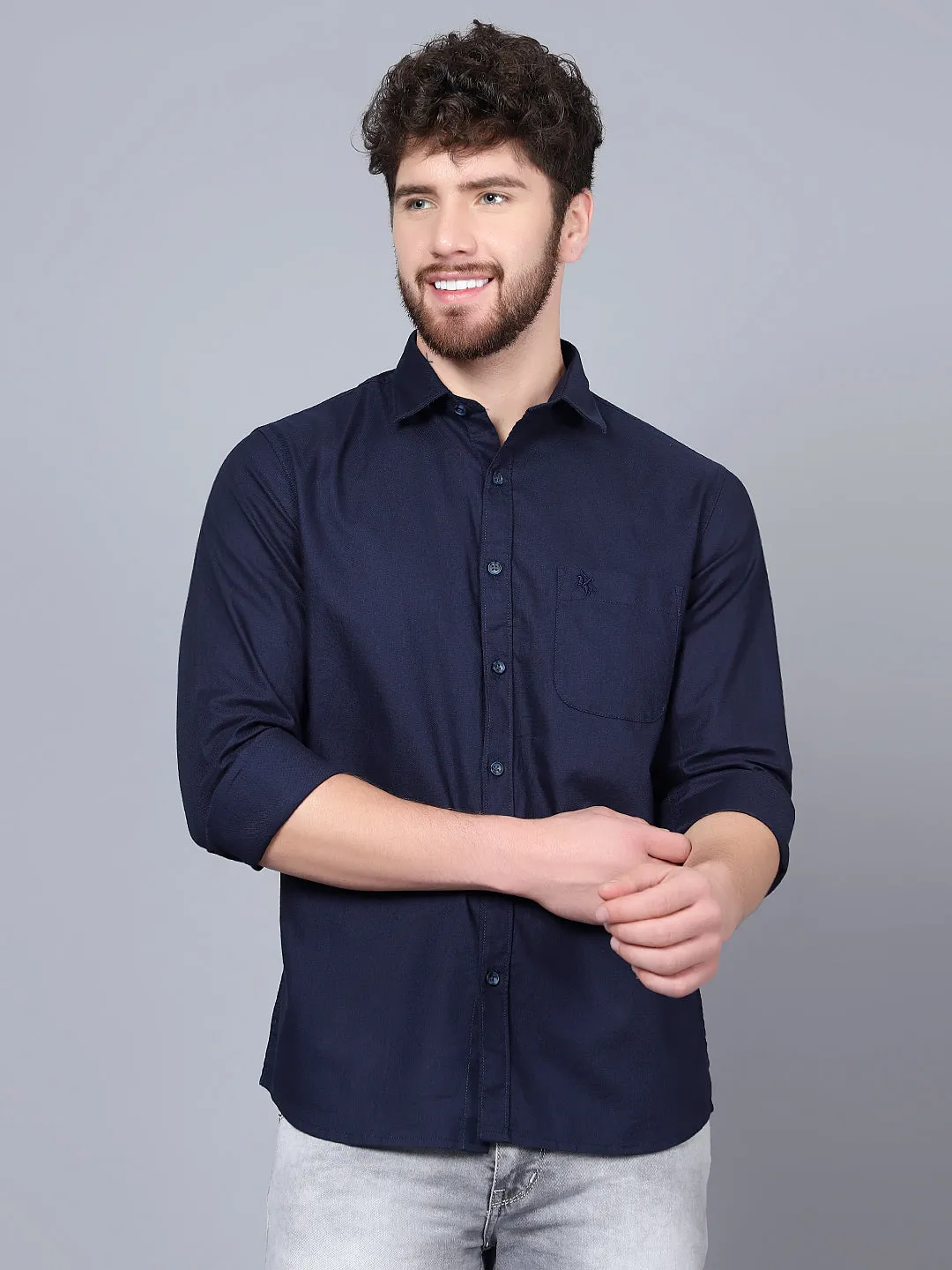 Men's Navy Blue Casual Self Textured Full Sleeve Shirt