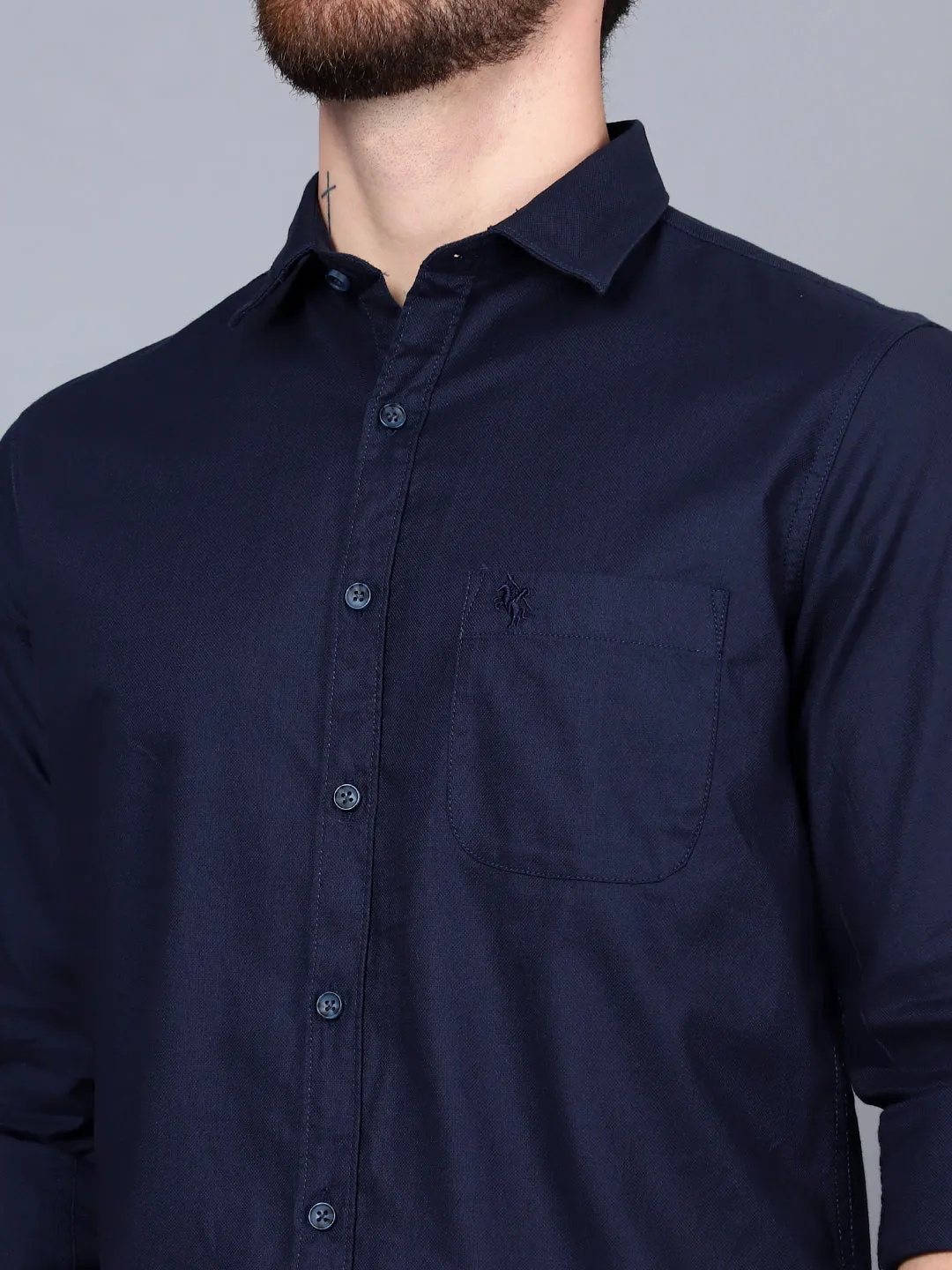 Men's Navy Blue Casual Self Textured Full Sleeve Shirt