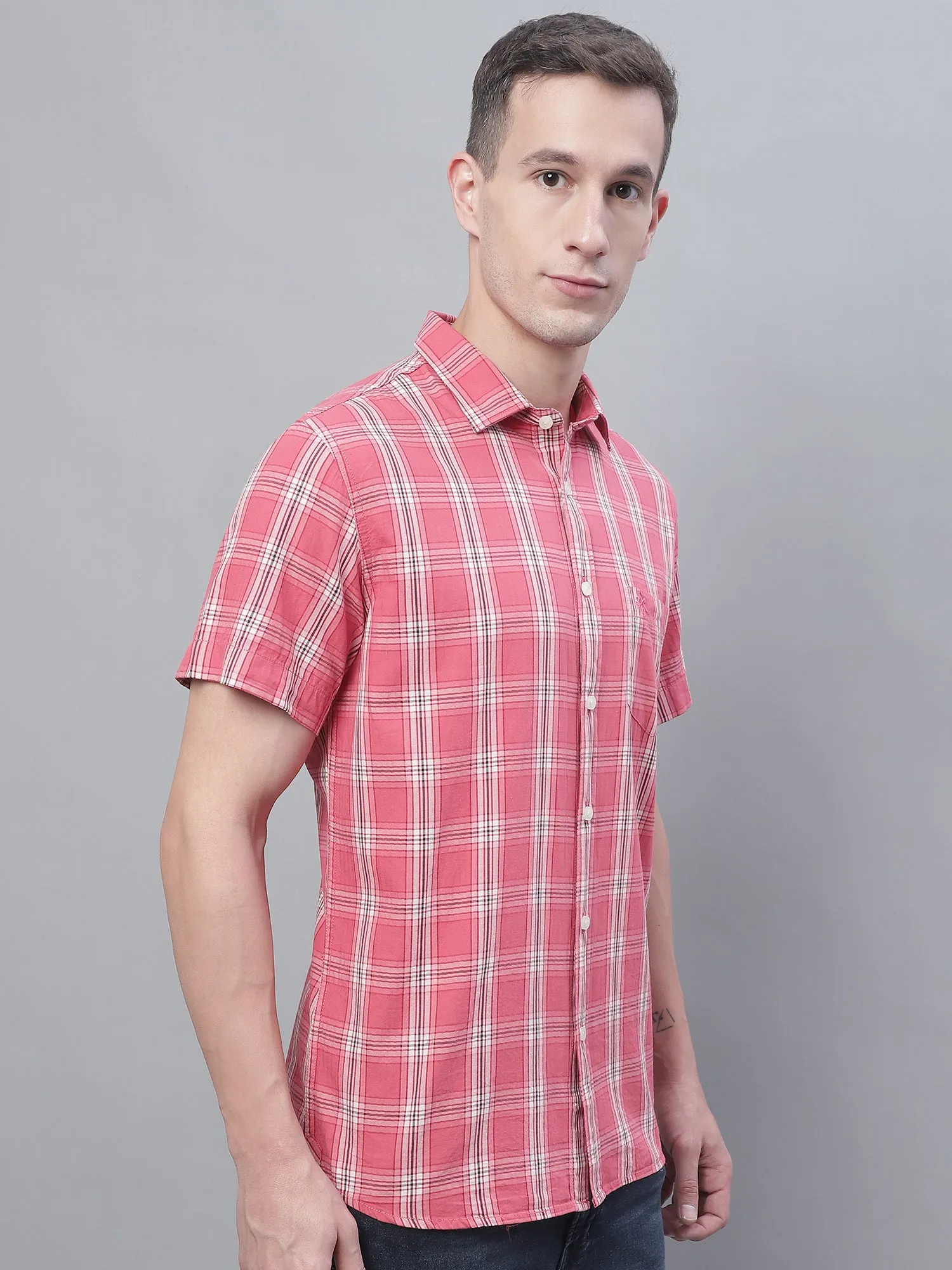 Men's Pink Casual Big Checks Half Sleeve Shirt