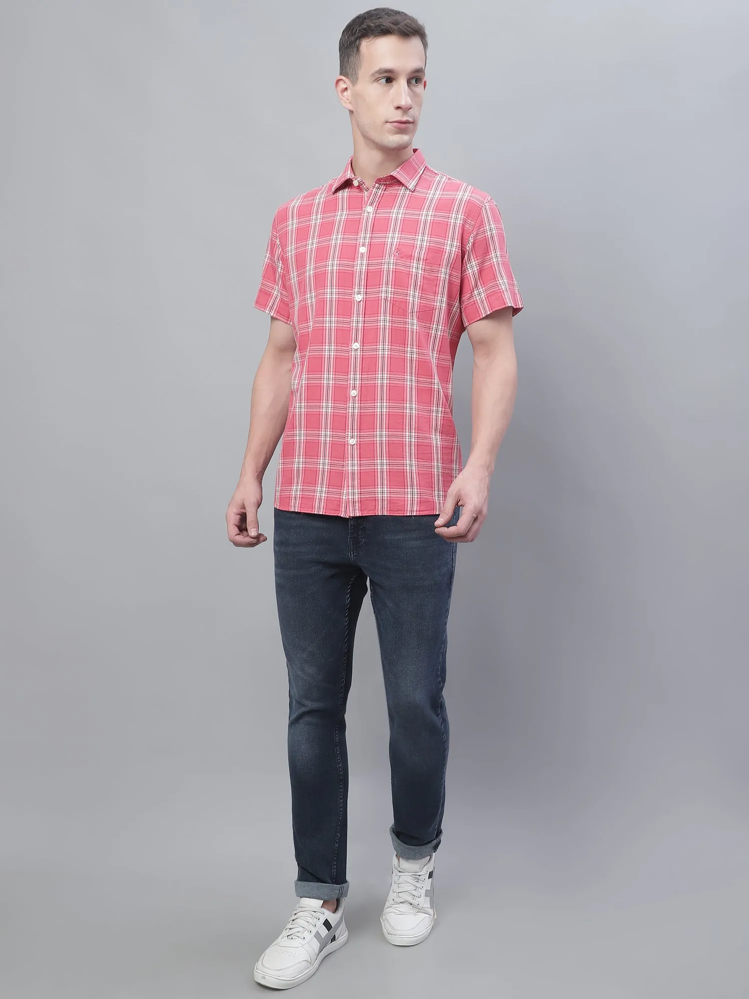 Men's Pink Casual Big Checks Half Sleeve Shirt