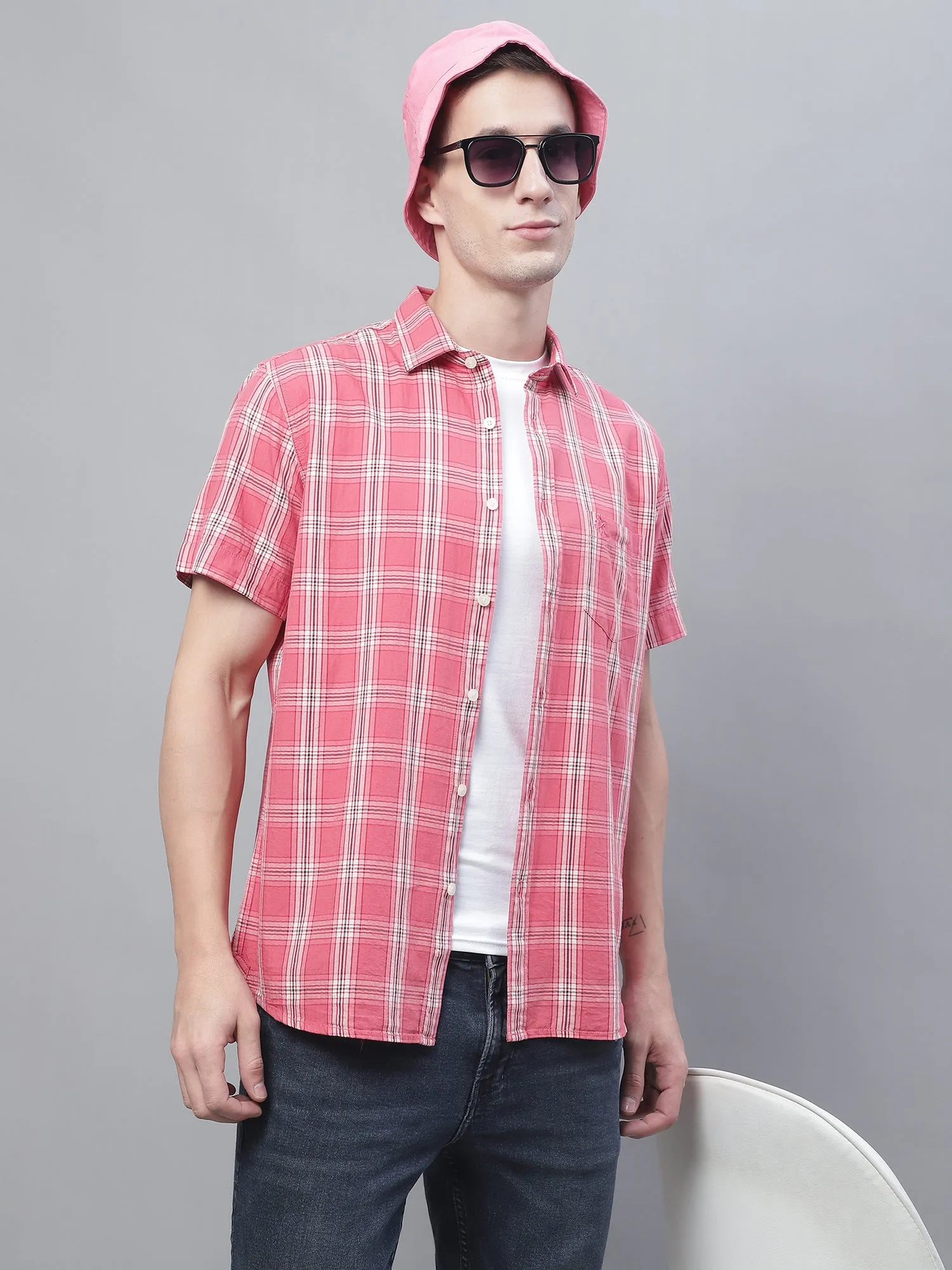 Men's Pink Casual Big Checks Half Sleeve Shirt