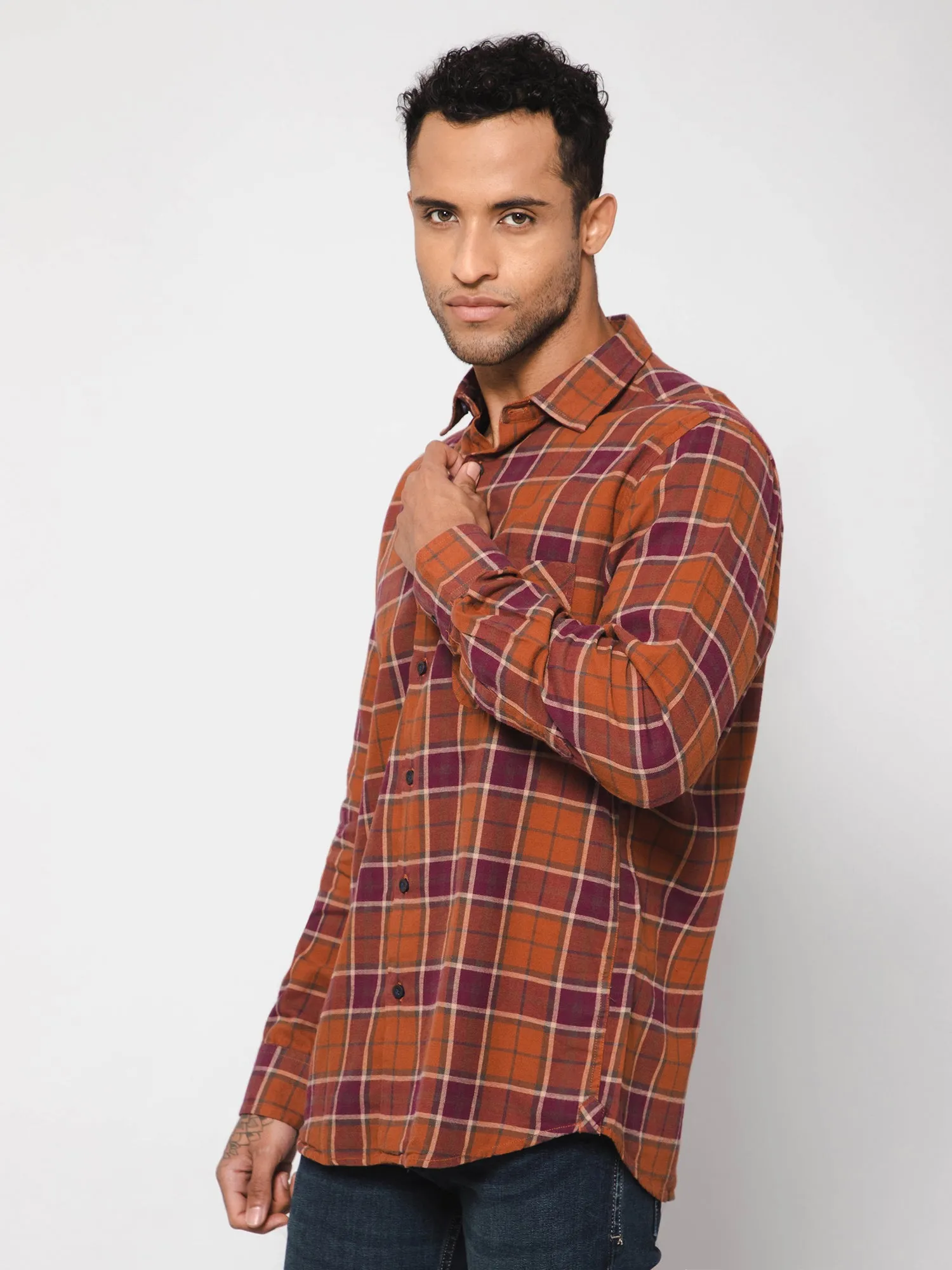 Men's Rust  Casual Brushed Big Checks Full Sleeve Shirt