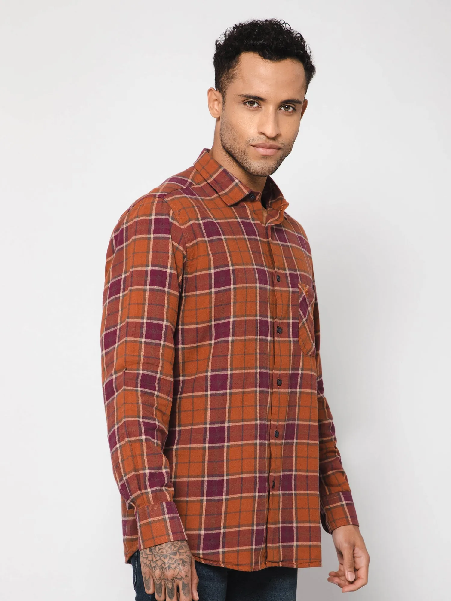 Men's Rust  Casual Brushed Big Checks Full Sleeve Shirt