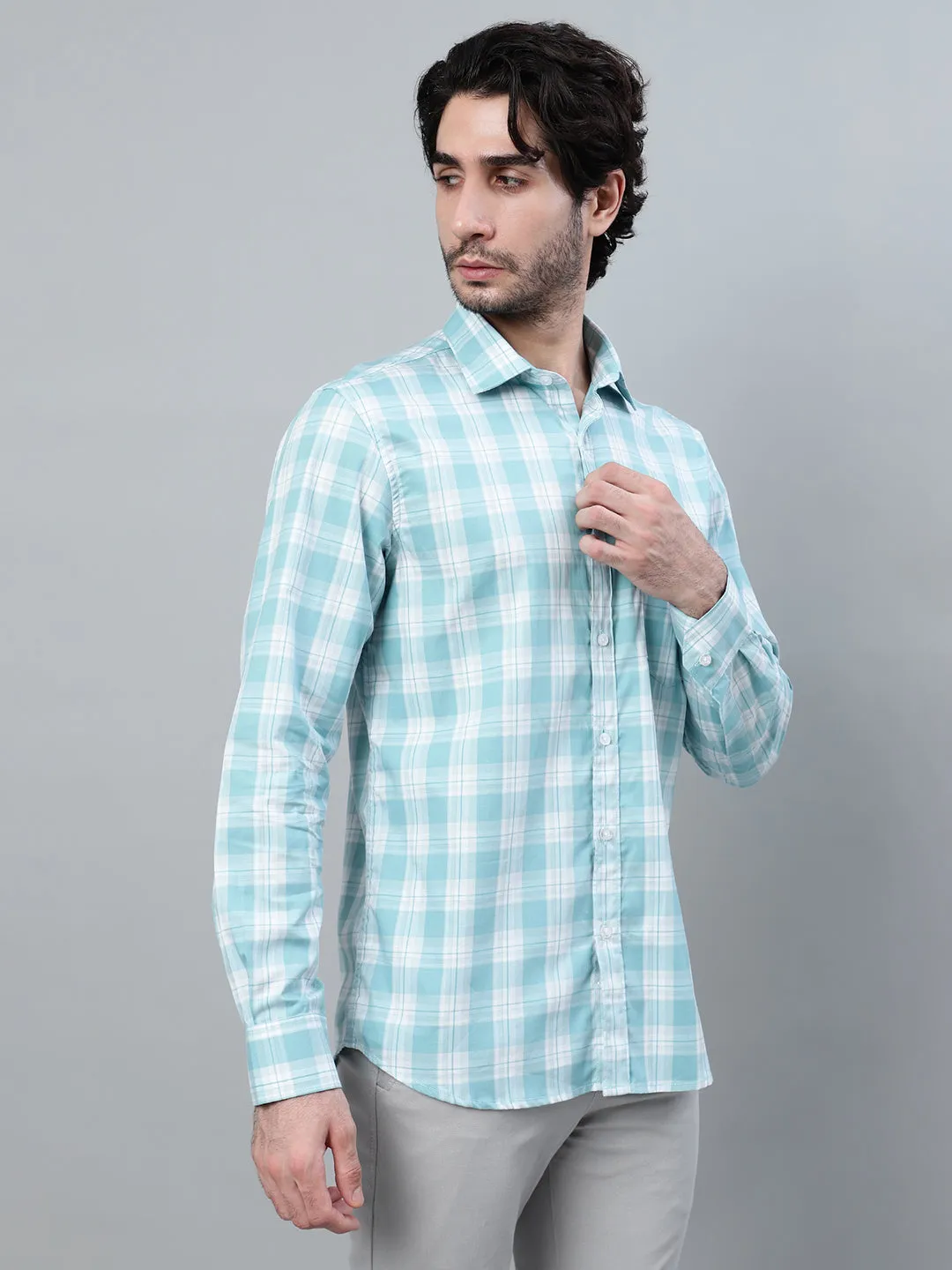 Men's Sky Blue Checkered Full Sleeve Casual Shirt