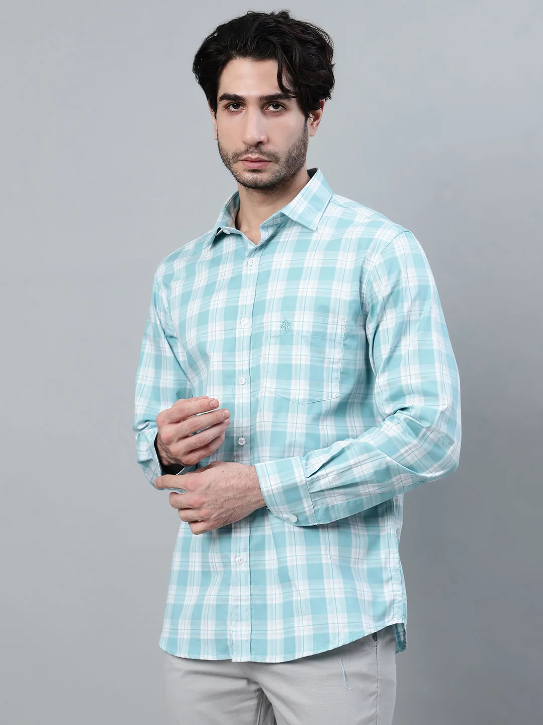 Men's Sky Blue Checkered Full Sleeve Casual Shirt