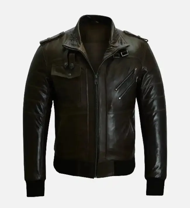 Men’s Slim Fit Brown Bomber Leather Jacket