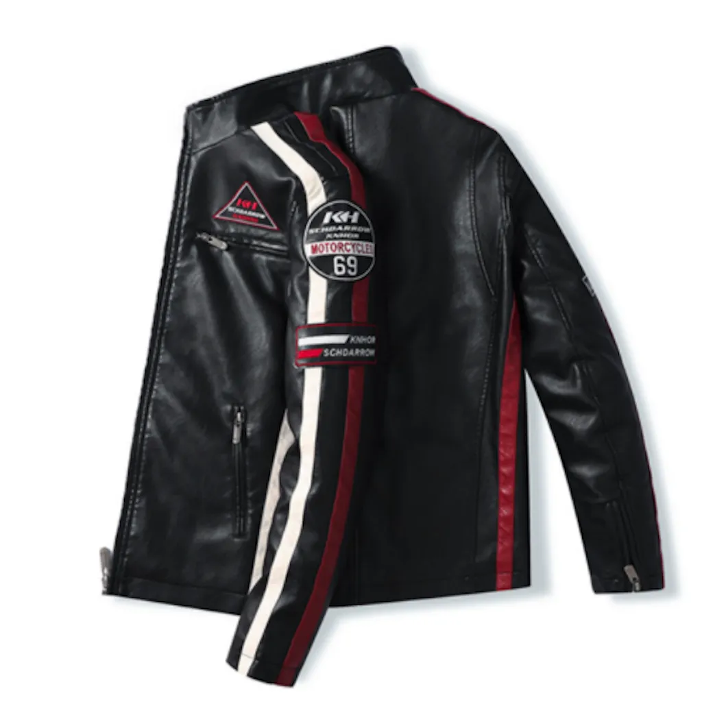 Men's Sustainable Vegan Leather Biker Jacket with Stylish Emblems