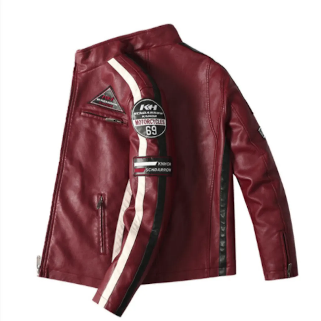 Men's Sustainable Vegan Leather Biker Jacket with Stylish Emblems