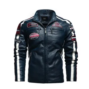 Men's Sustainable Vegan Leather Biker Jacket with Stylish Emblems