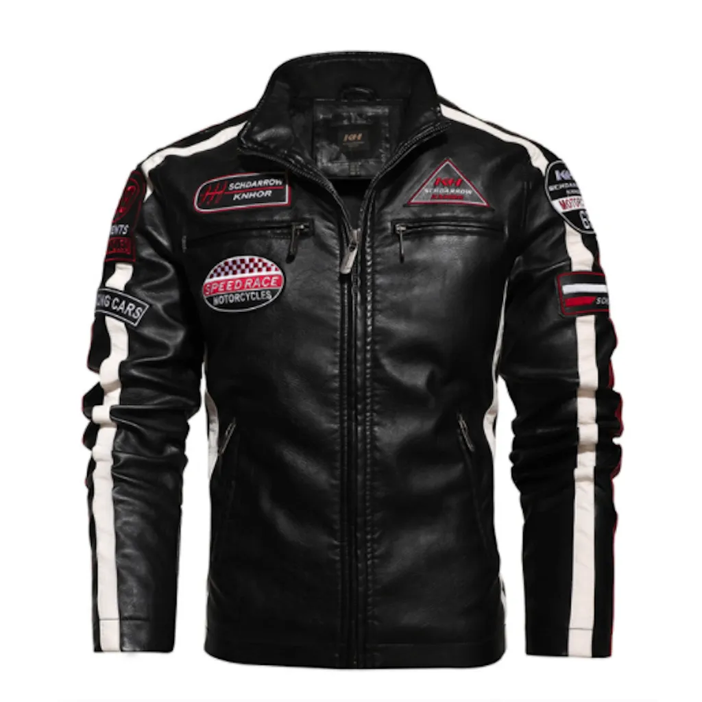 Men's Sustainable Vegan Leather Biker Jacket with Stylish Emblems