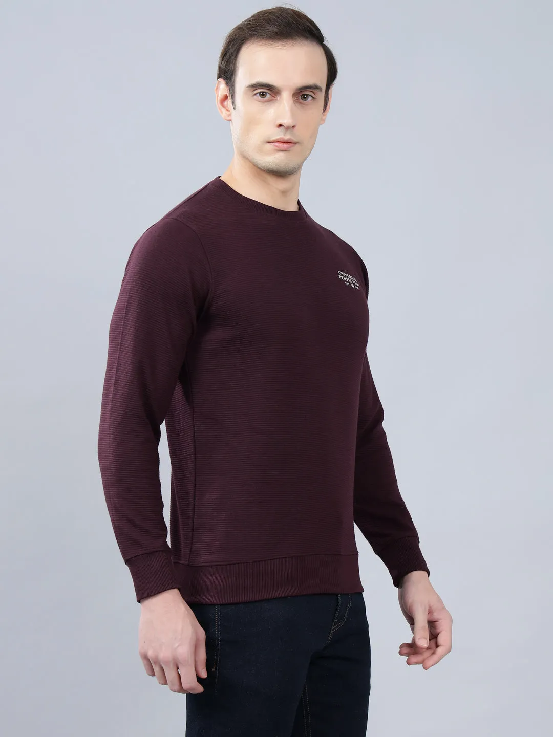 Men's Wine Self Design Full Sleeves T-shirt For Winter