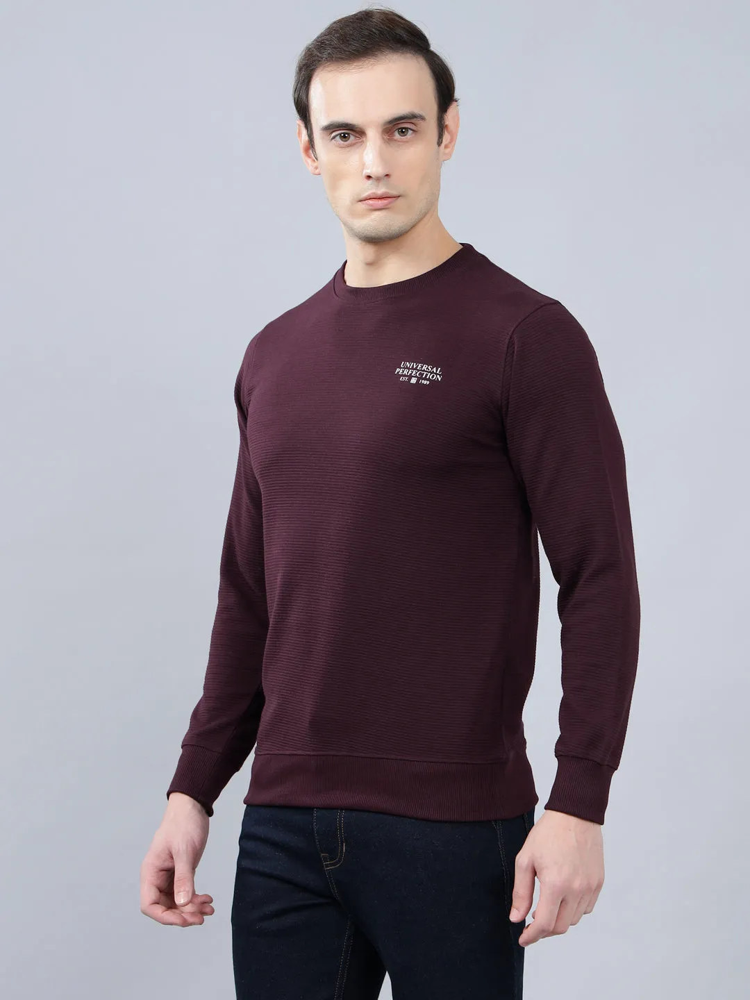 Men's Wine Self Design Full Sleeves T-shirt For Winter