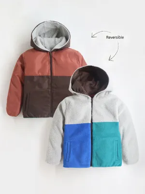 Multicolor Unisex Reversible Color Block Hooded Jacket with Zip Closure