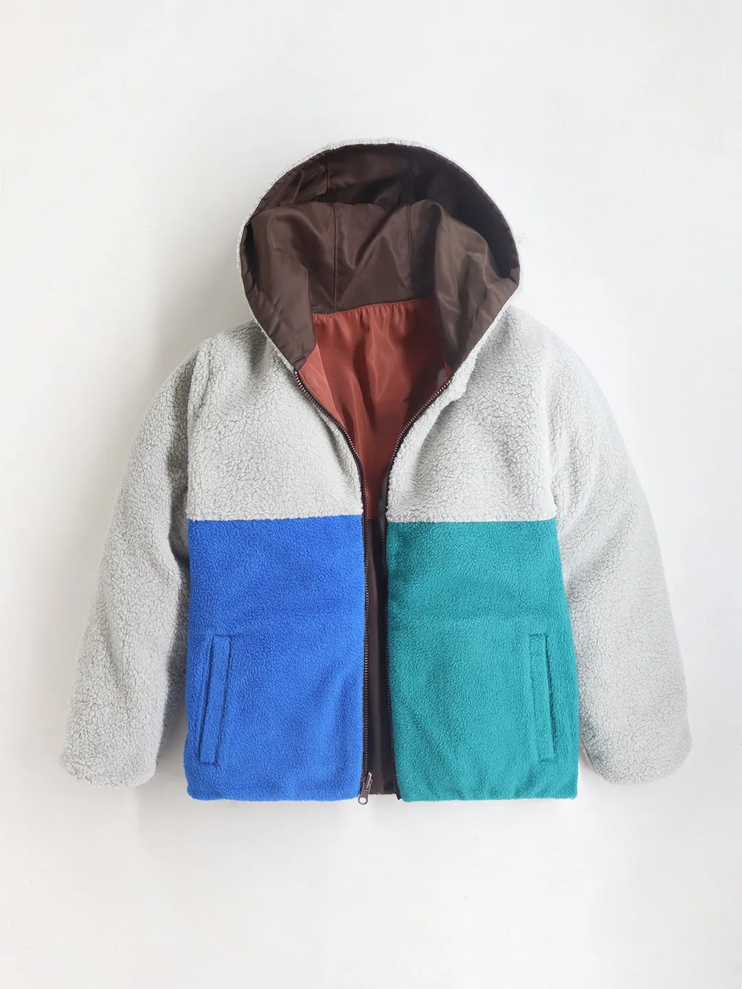 Multicolor Unisex Reversible Color Block Hooded Jacket with Zip Closure