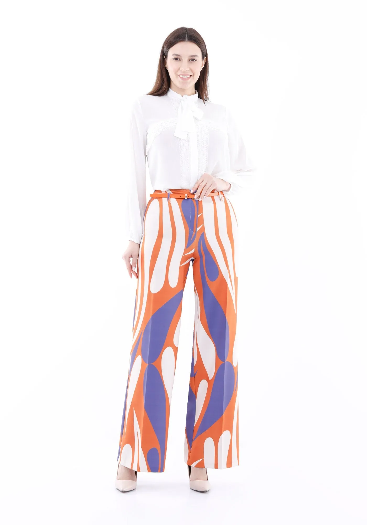 Orange Patterned Wide-Leg High-Waist Pants with Belt