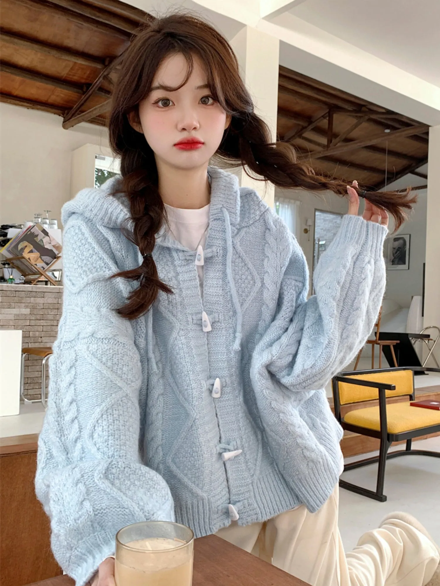 Powder Blue Horn Button Sweater: Embrace Cozy and Casual Style for 2023 Spring and Autumn