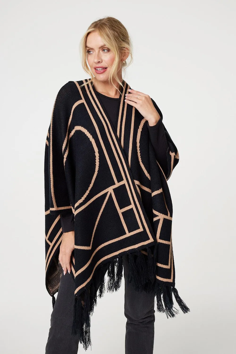 Printed Tassel Fringe Longline Poncho