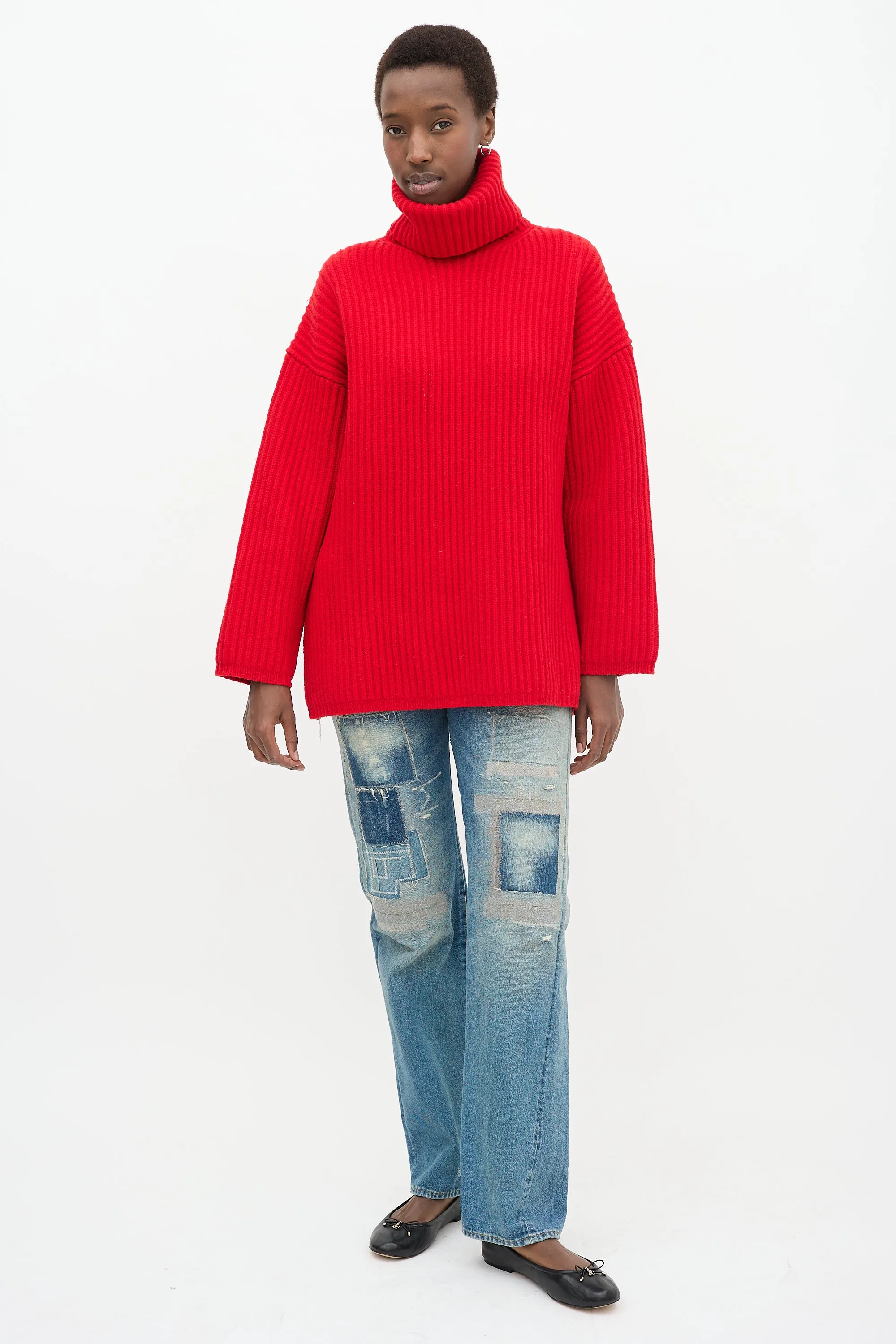 Red Wool Knit Ribbed Turtleneck