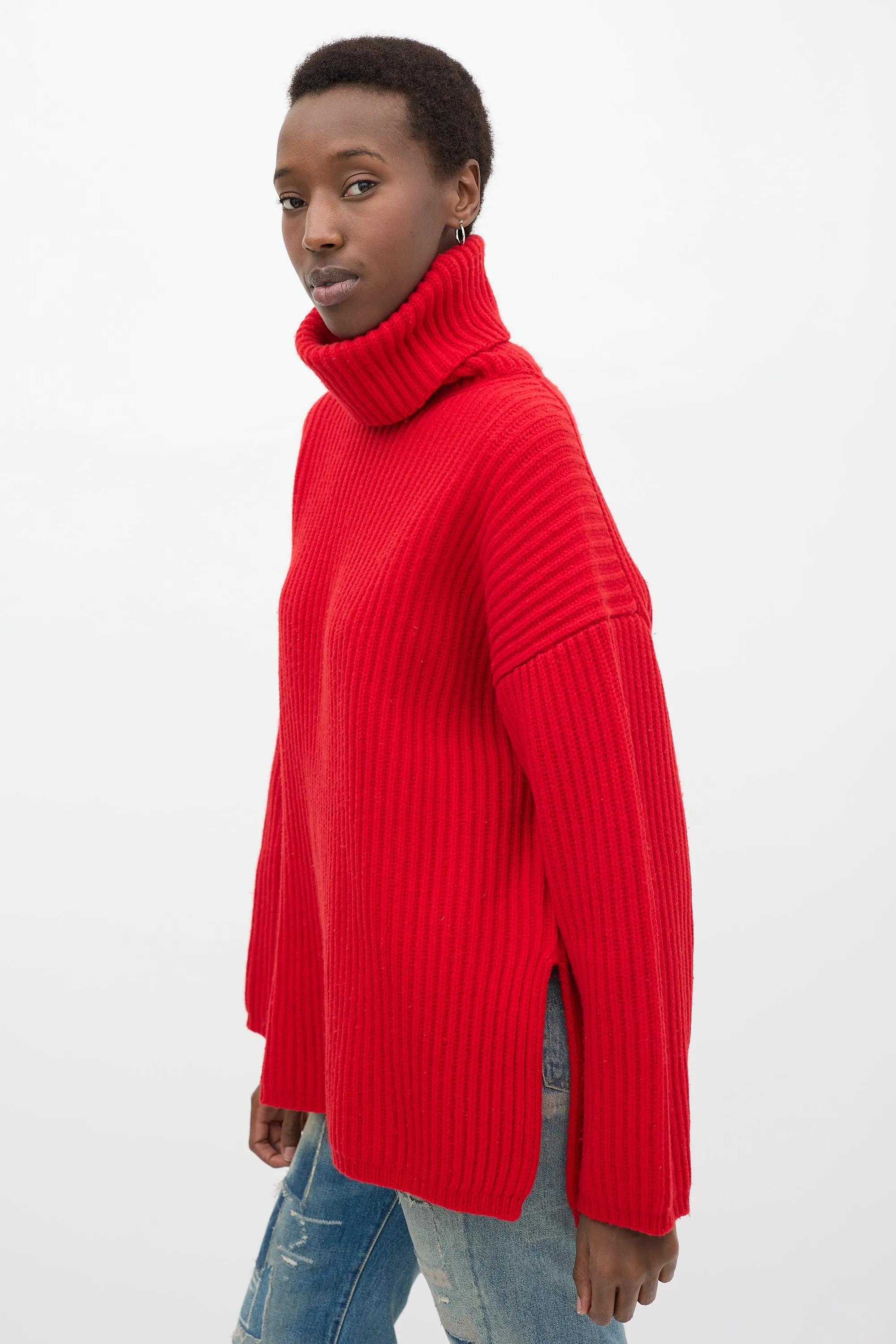 Red Wool Knit Ribbed Turtleneck