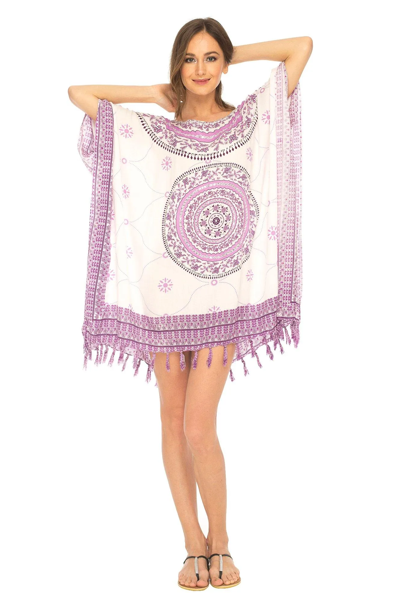 SHU-SHI Women's Short Poncho Beach Dress - Ethnic Mandala Cover-Up Kaftan with V-Neck and Sequins