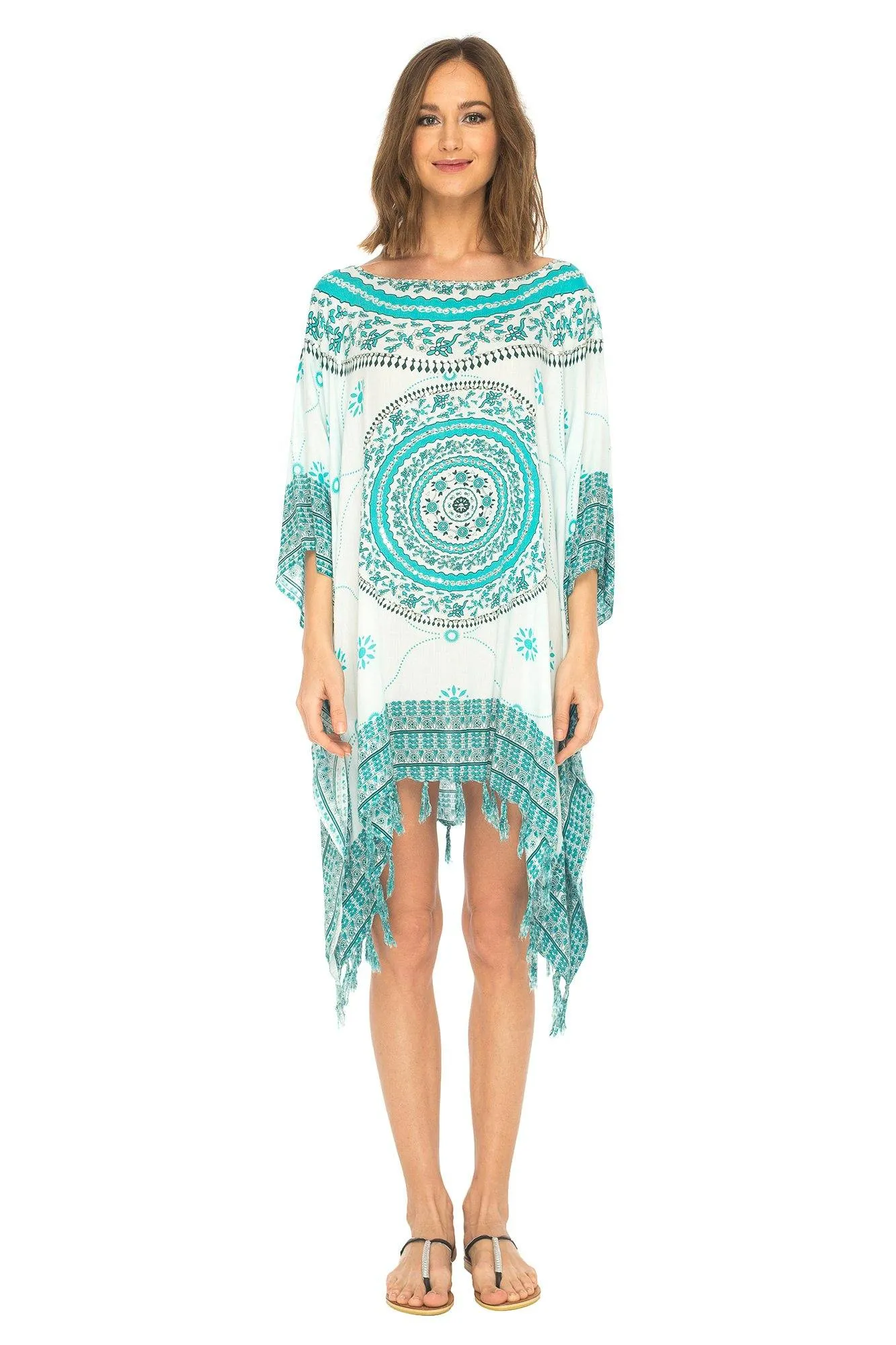 SHU-SHI Women's Short Poncho Beach Dress - Ethnic Mandala Cover-Up Kaftan with V-Neck and Sequins