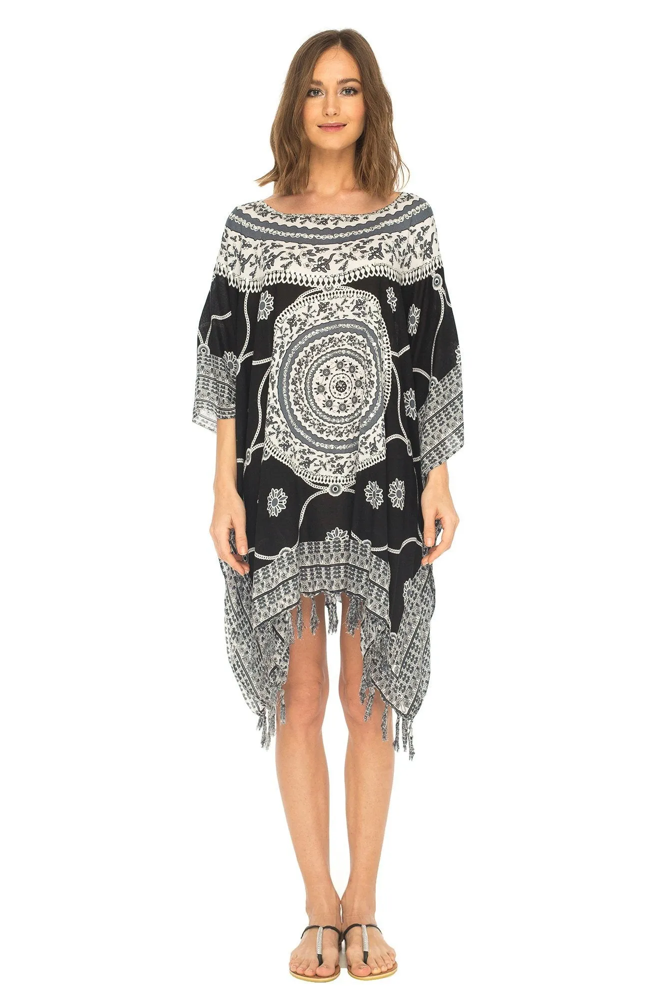 SHU-SHI Women's Short Poncho Beach Dress - Ethnic Mandala Cover-Up Kaftan with V-Neck and Sequins