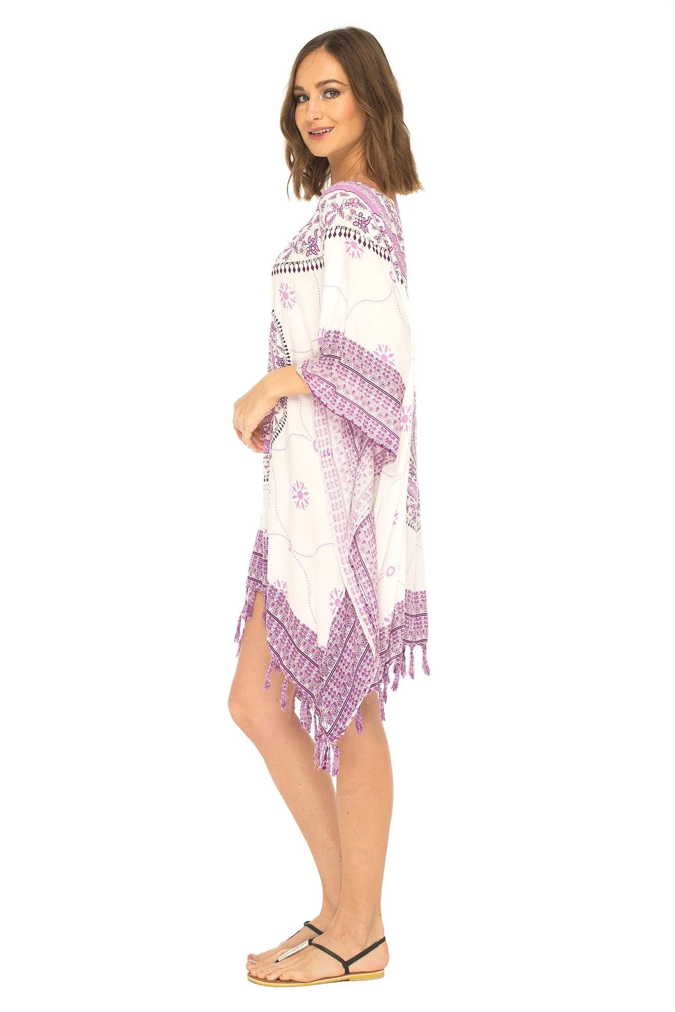 SHU-SHI Women's Short Poncho Beach Dress - Ethnic Mandala Cover-Up Kaftan with V-Neck and Sequins