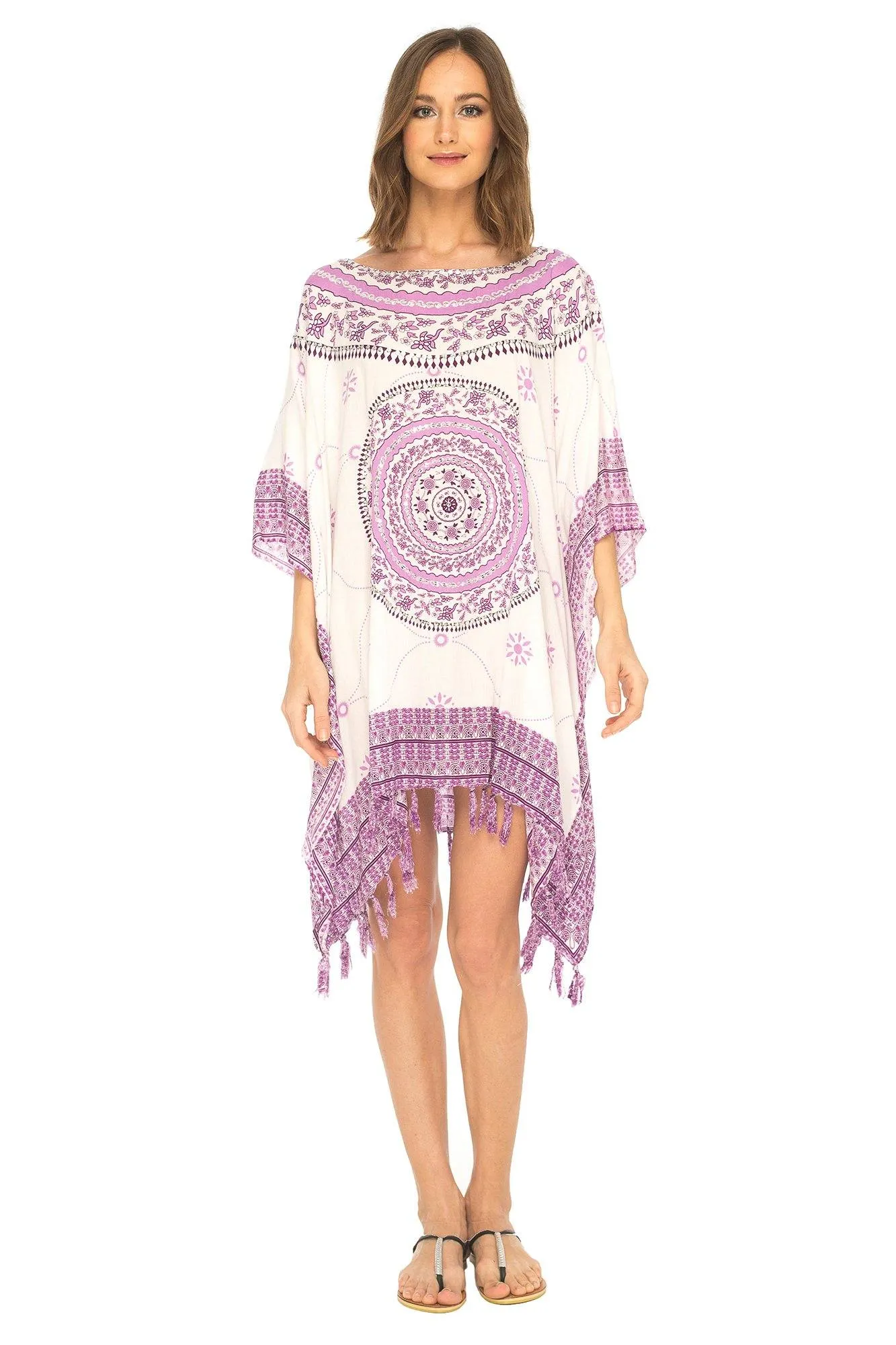 SHU-SHI Women's Short Poncho Beach Dress - Ethnic Mandala Cover-Up Kaftan with V-Neck and Sequins