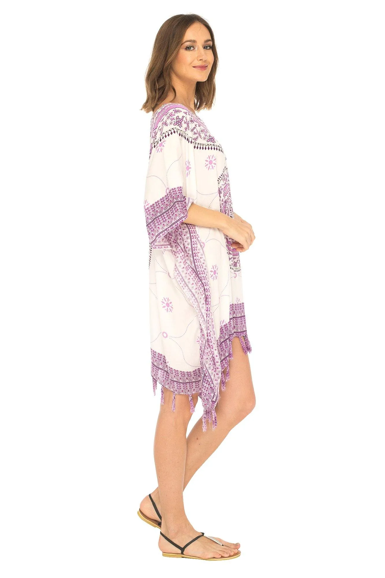 SHU-SHI Women's Short Poncho Beach Dress - Ethnic Mandala Cover-Up Kaftan with V-Neck and Sequins