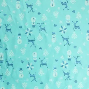 Snow Man & Reindeers on Blue Printed Flannelette