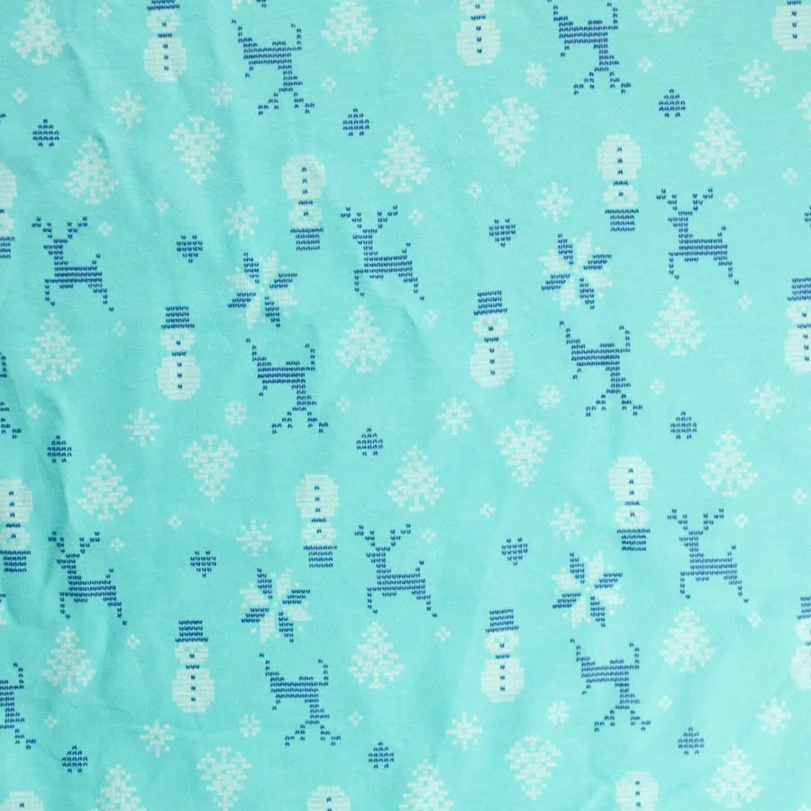 Snow Man & Reindeers on Blue Printed Flannelette